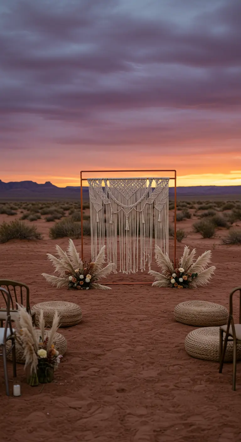 Macramé backdrop in een woestijnlandschap bij zonsondergang, met zitkussens voor de gasten.
