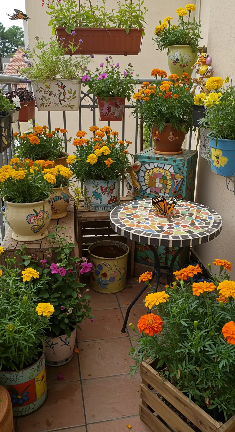 Vrolijk, eclectisch balkon met zelfgemaakte mozaïek tafel, beschilderde potten en oranje afrikaantjes.