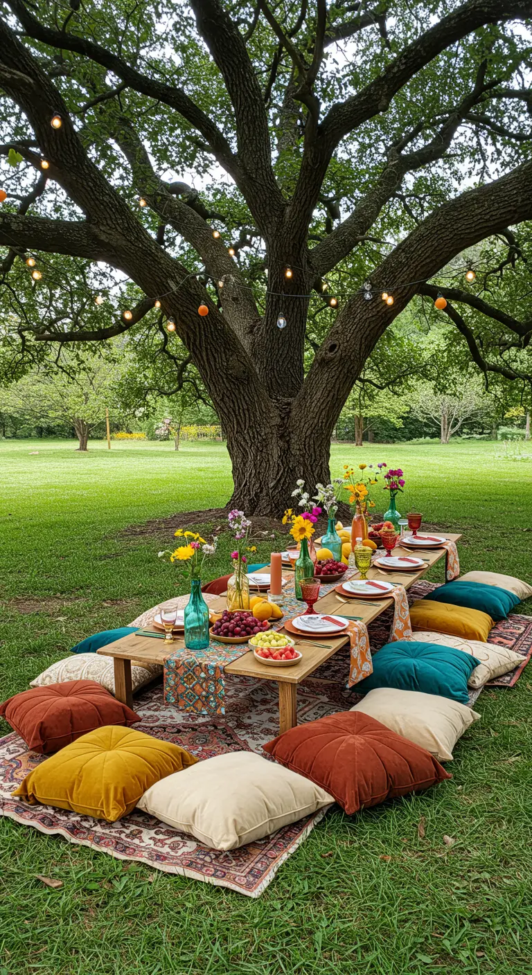 Picknick onder grote boom met lage tafel, kussens, kleurrijk servies en lichtslingers.