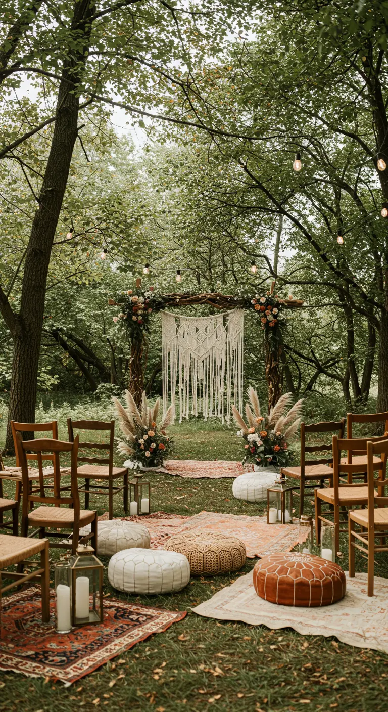 Romantische ceremoniehoek in bos met macrame boog, poefs, kleden en lichtslingers.