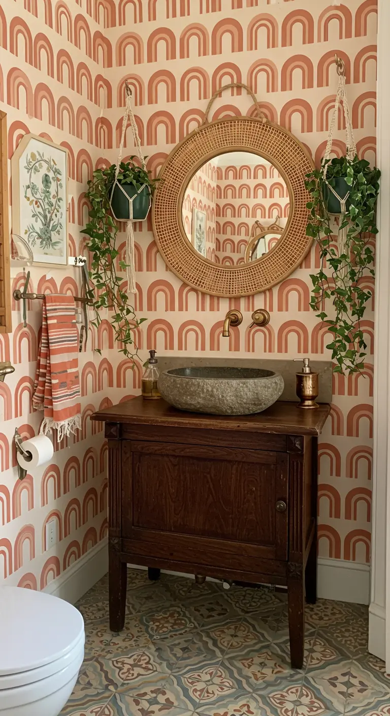 Bohemian toiletruimte met regenboogbehang, een rotan spiegel en hangplanten.