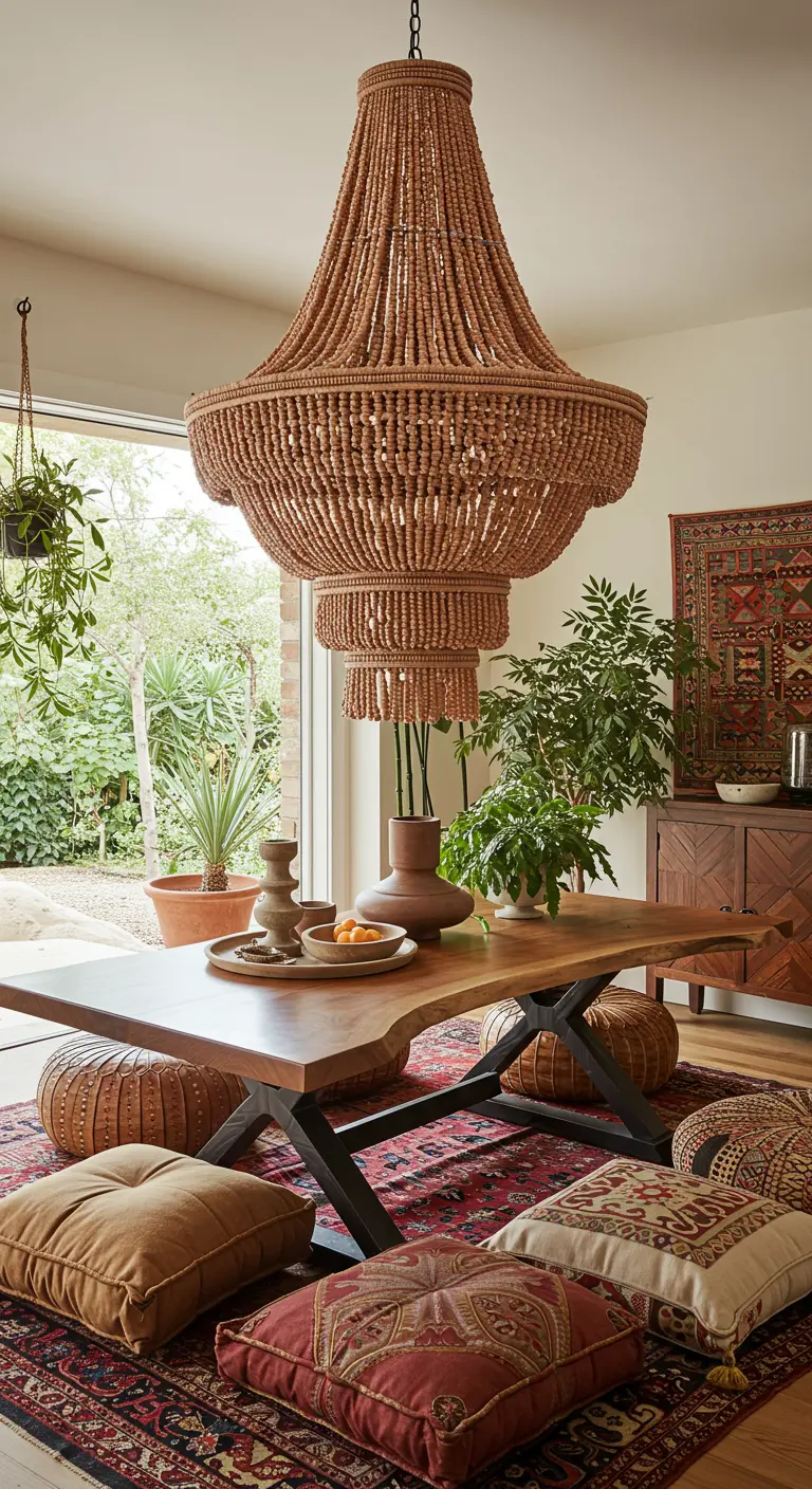 Bohemian eetkamer met een grote kroonluchter van houten kralen en lage zitkussens.