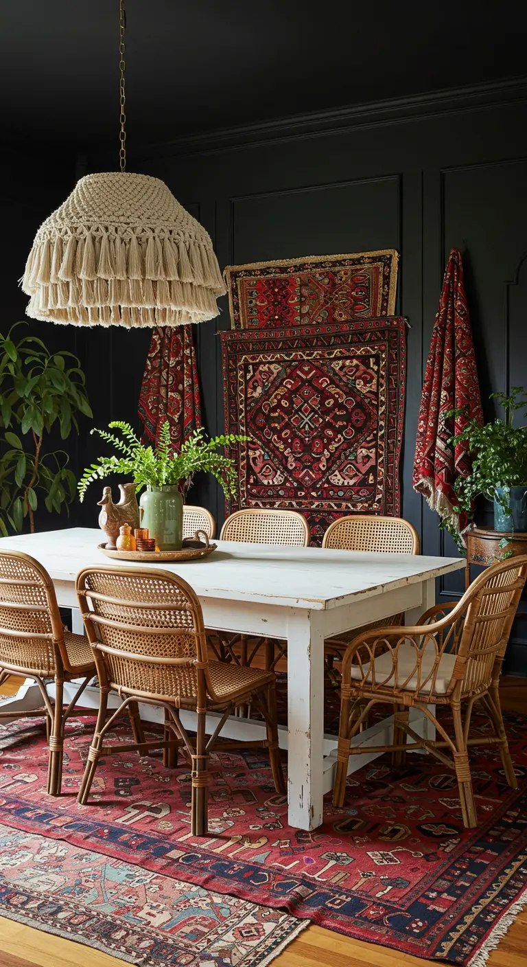 Bohemian eetkamer met zwarte muren, rotan stoelen en tapijten aan de wand.