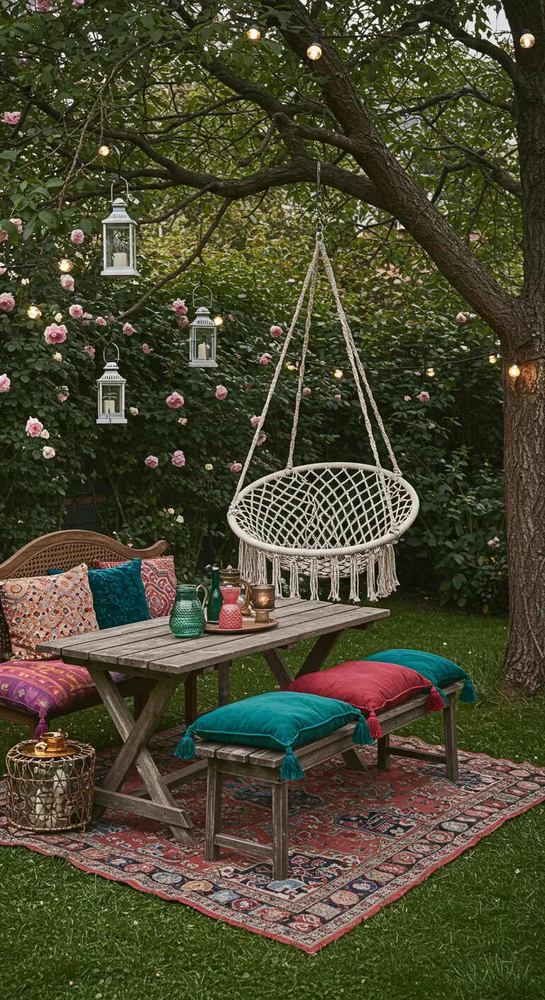 Boho tuinset met macramé hangstoel, houten picknicktafel, kleurrijke kussens en lichtslingers.