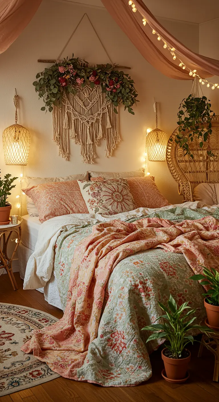 Bohemian slaapkamer met macramé, lichtslingers, gelaagd beddengoed en veel planten.