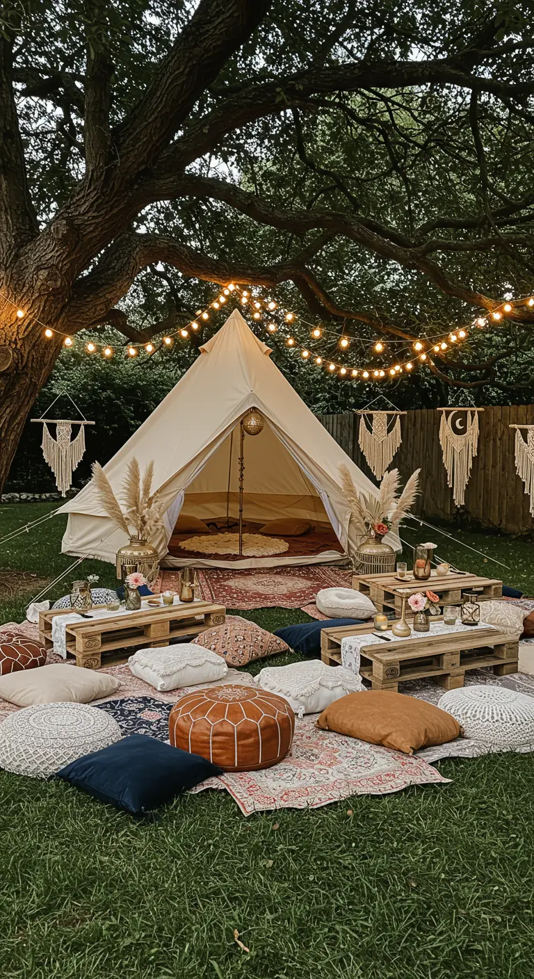 Bohemian tuinfeest met een bel-tent, lage tafels op kleden en veel kussens.