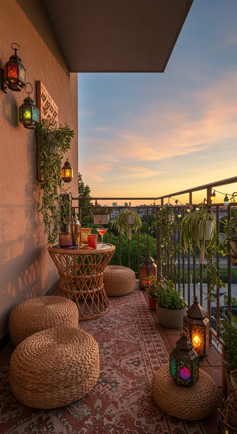 Bohemian balkonbar met rotan tafel, poefs, tapijt en gekleurde lantaarns bij zonsondergang.