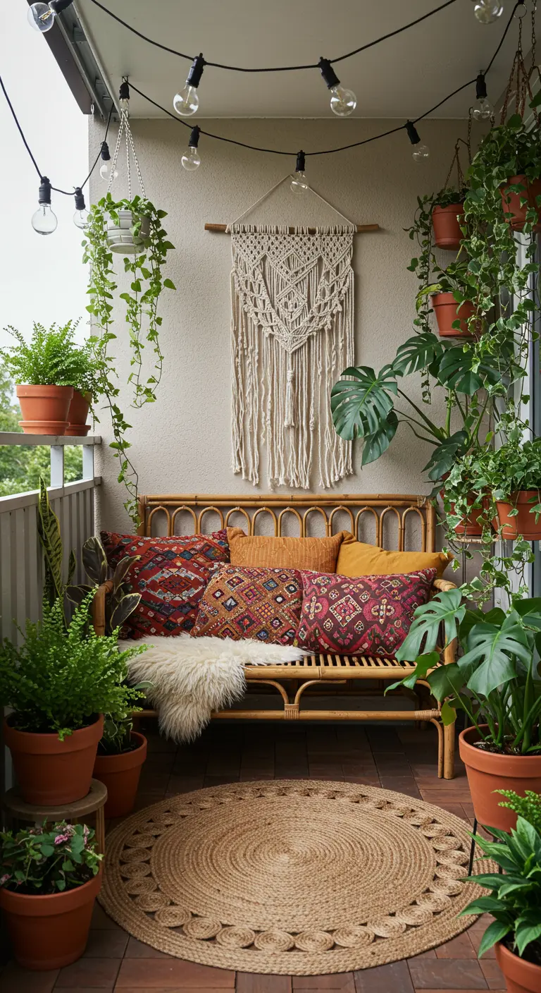 Bamboe bankje op een balkon met boho kussens, macramé, planten en een jute vloerkleed.