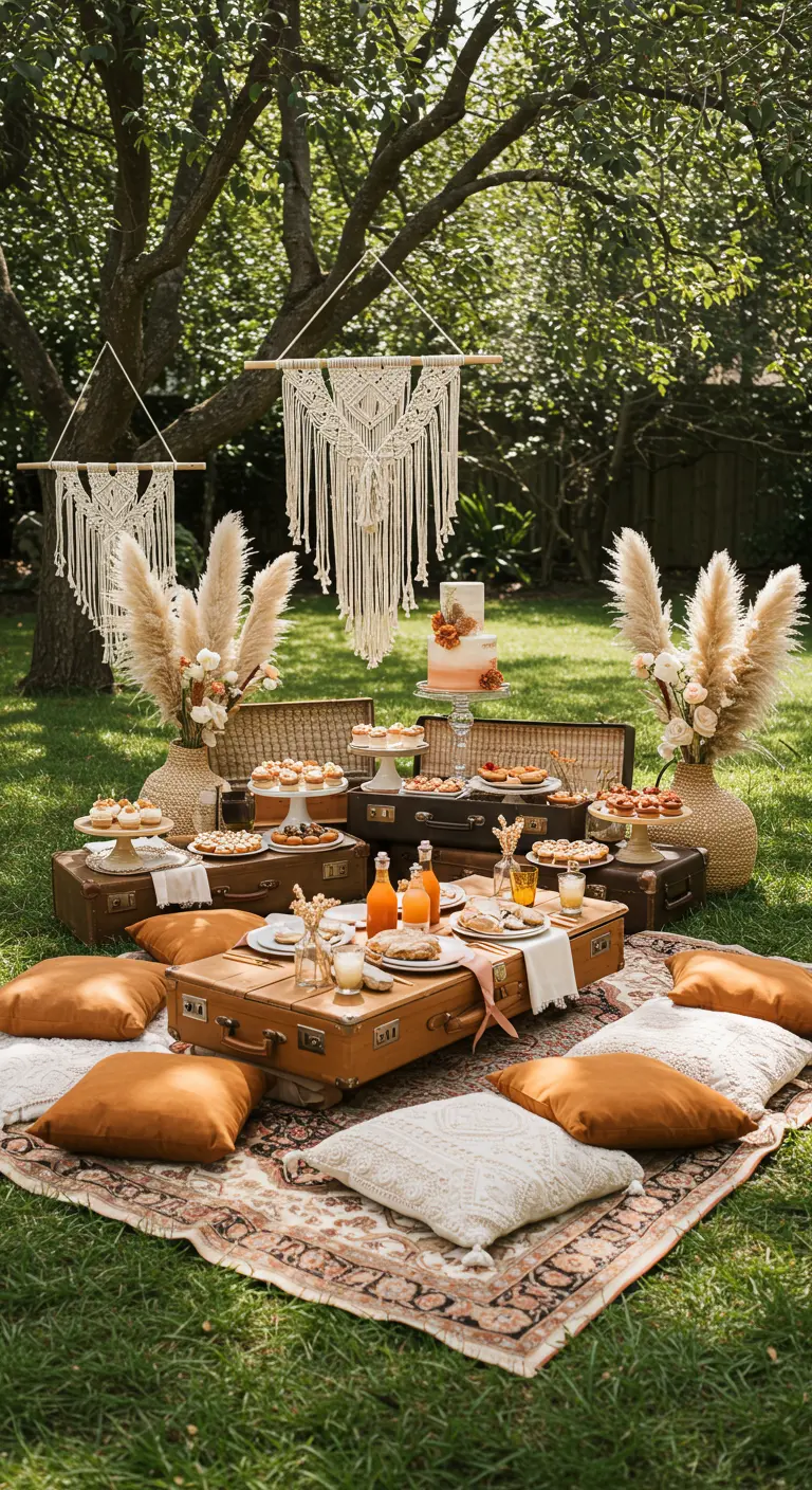 Boho picknick in de tuin met een koffer als tafel en pampasgras.