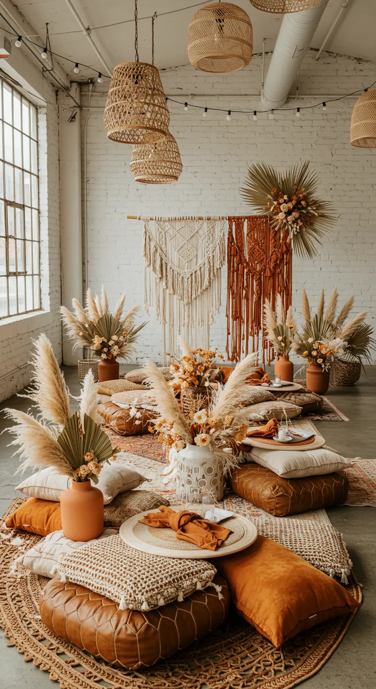 Bohemian lounge setting met macramé, droogbloemen, kussens en poefs in aardetinten.