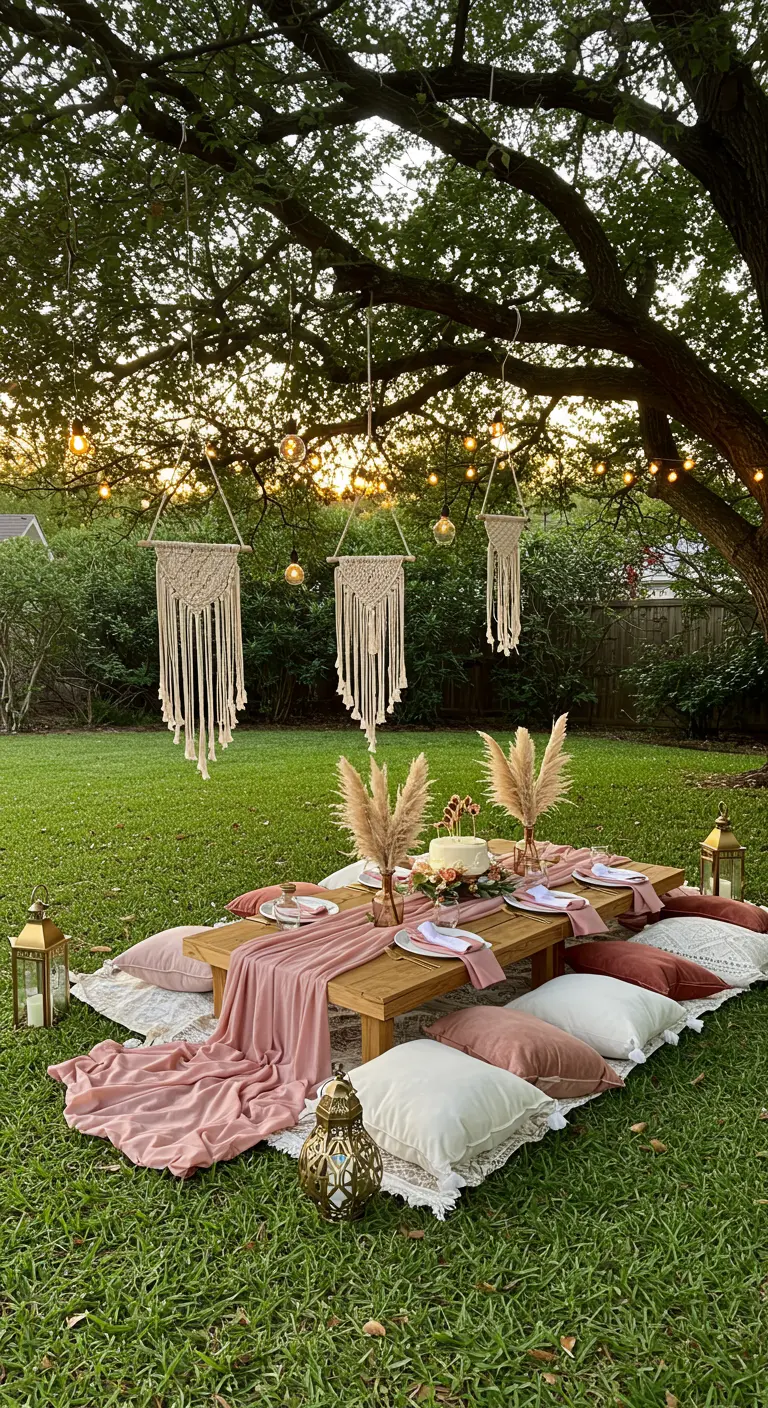 Boho-stijl tuinpicknick met kussens, macramé en lichtslingers.