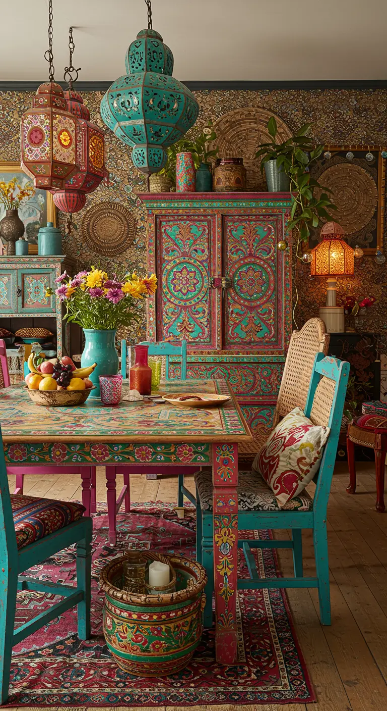 Bohemian eetkamer met kleurrijke beschilderde tafel, rieten stoelen en Marokkaanse lampen.