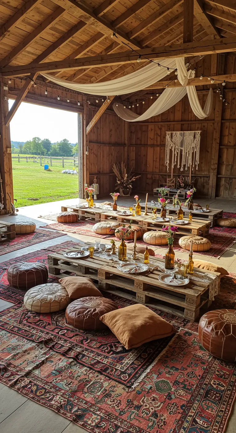 Bohemian feestopstelling in schuur met lage tafels en Perzische tapijten.