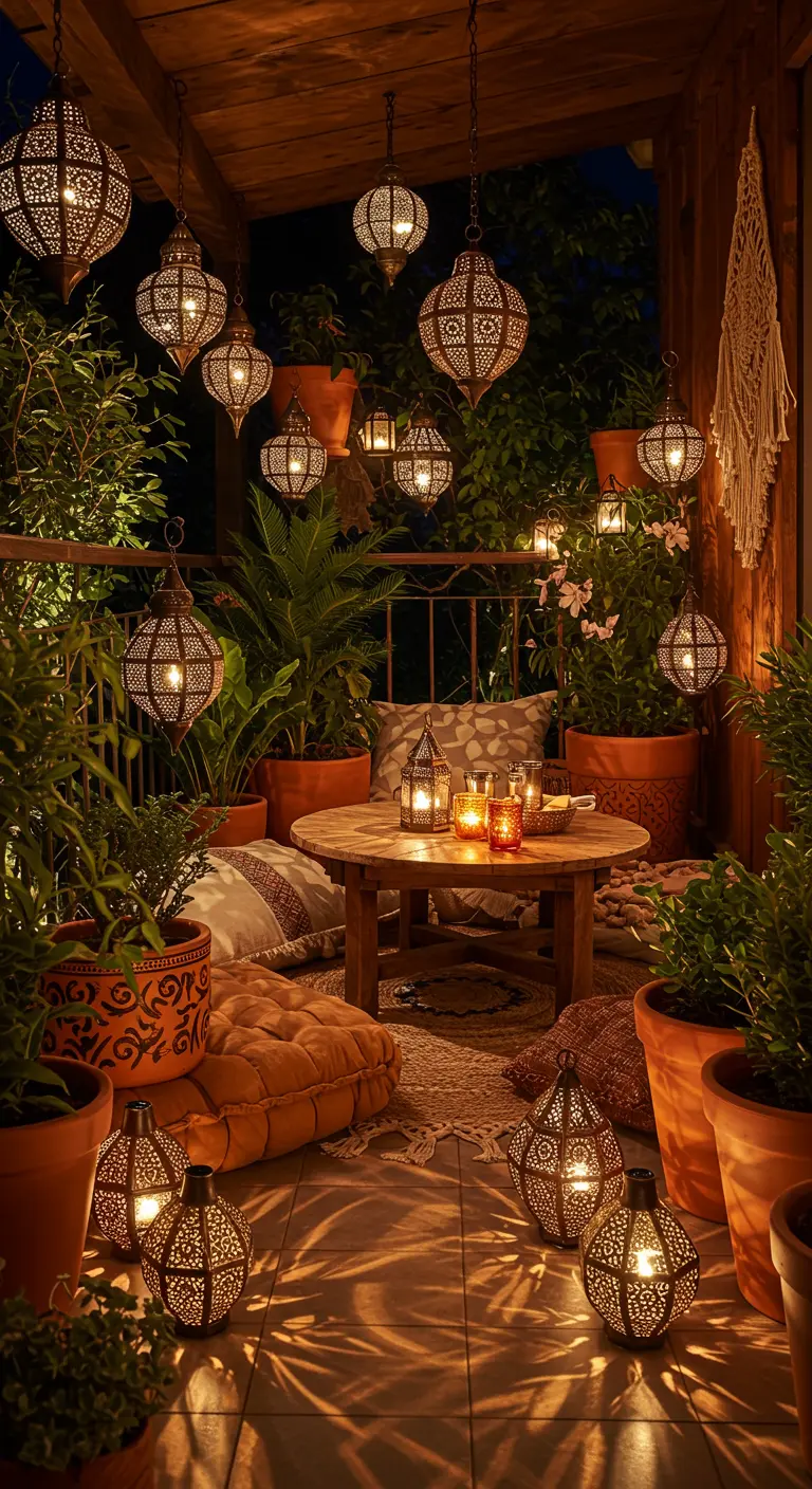 Bohemian balkon met Marokkaanse lantaarns, vloerkussens en veel planten.