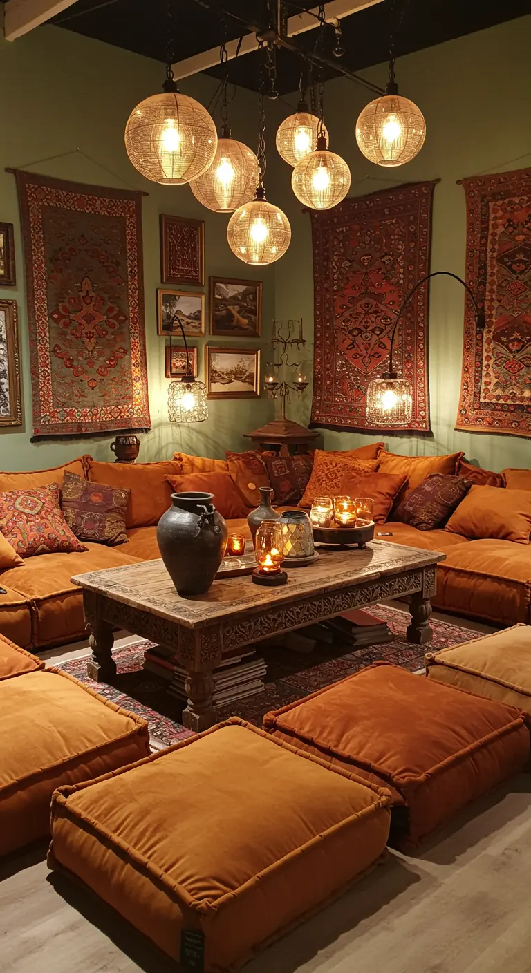Bohemian woonkamer met okerkleurige zitelementen, saliegroene muur en Marokkaanse lampen