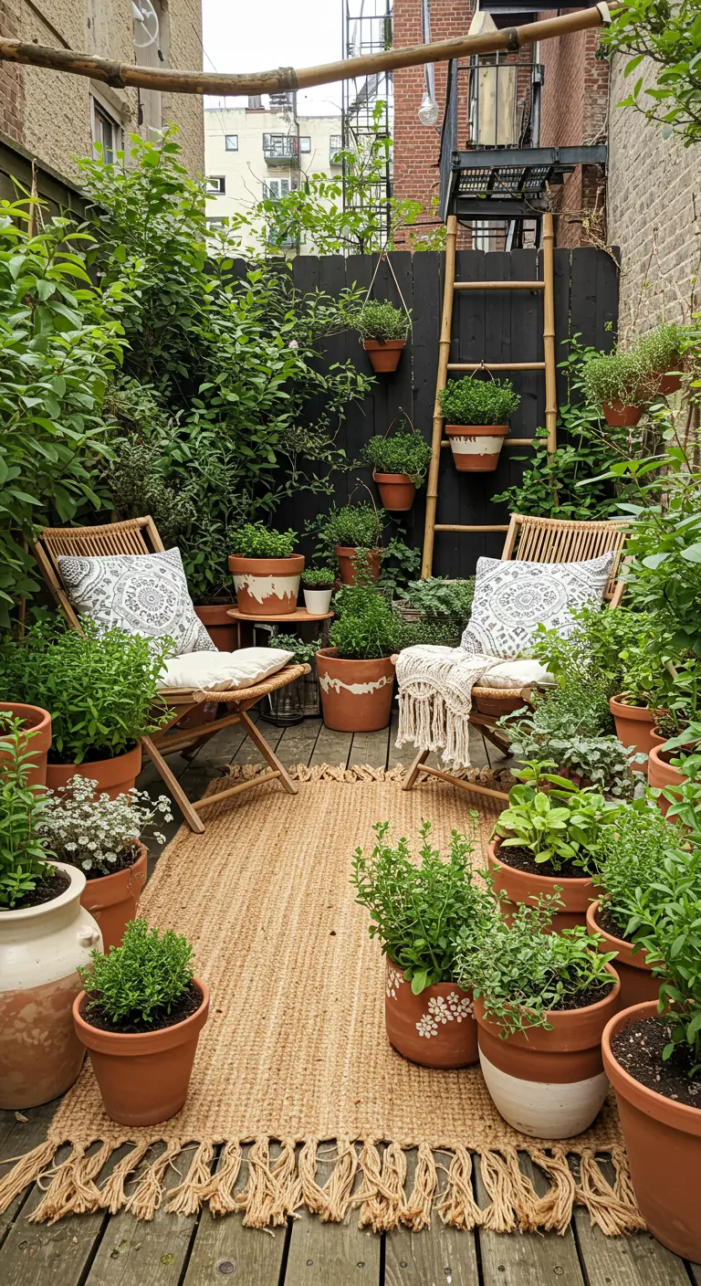 Bohemian stadstuin met een jute kleed, veel planten en een bamboeladder.