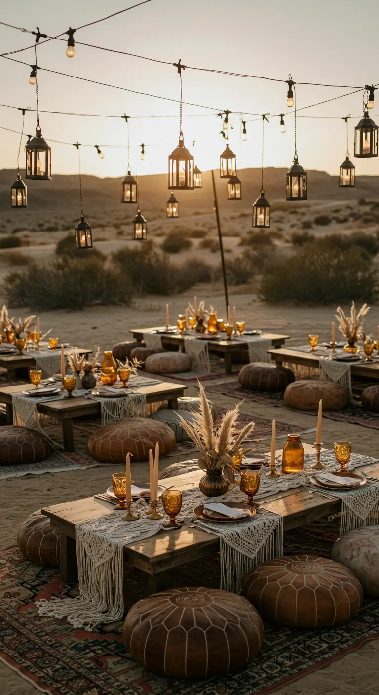 Bohemian setting in de woestijn met lage tafels, kussens en hangende lantaarns.