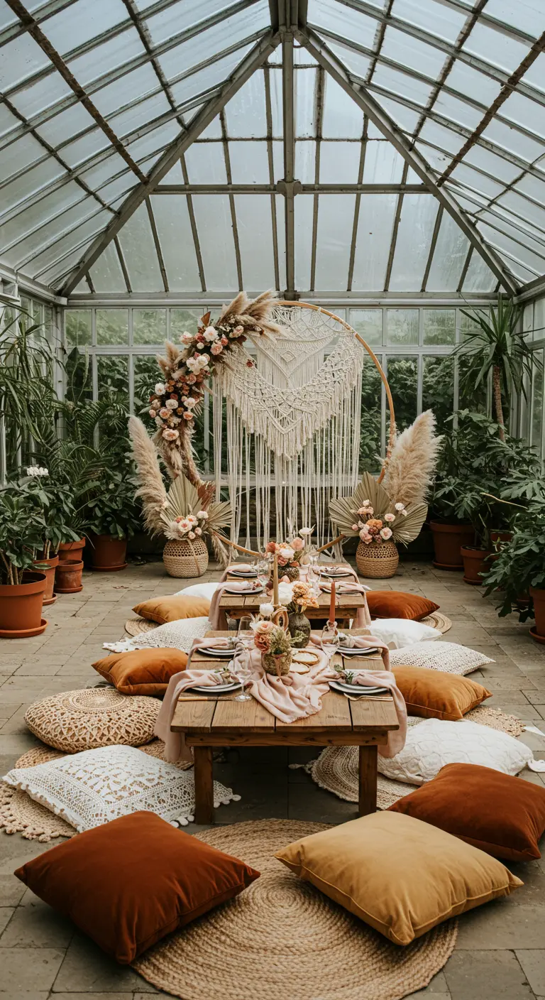 Bohemian picknick-stijl bruiloftsdecor in een kas met kussens.