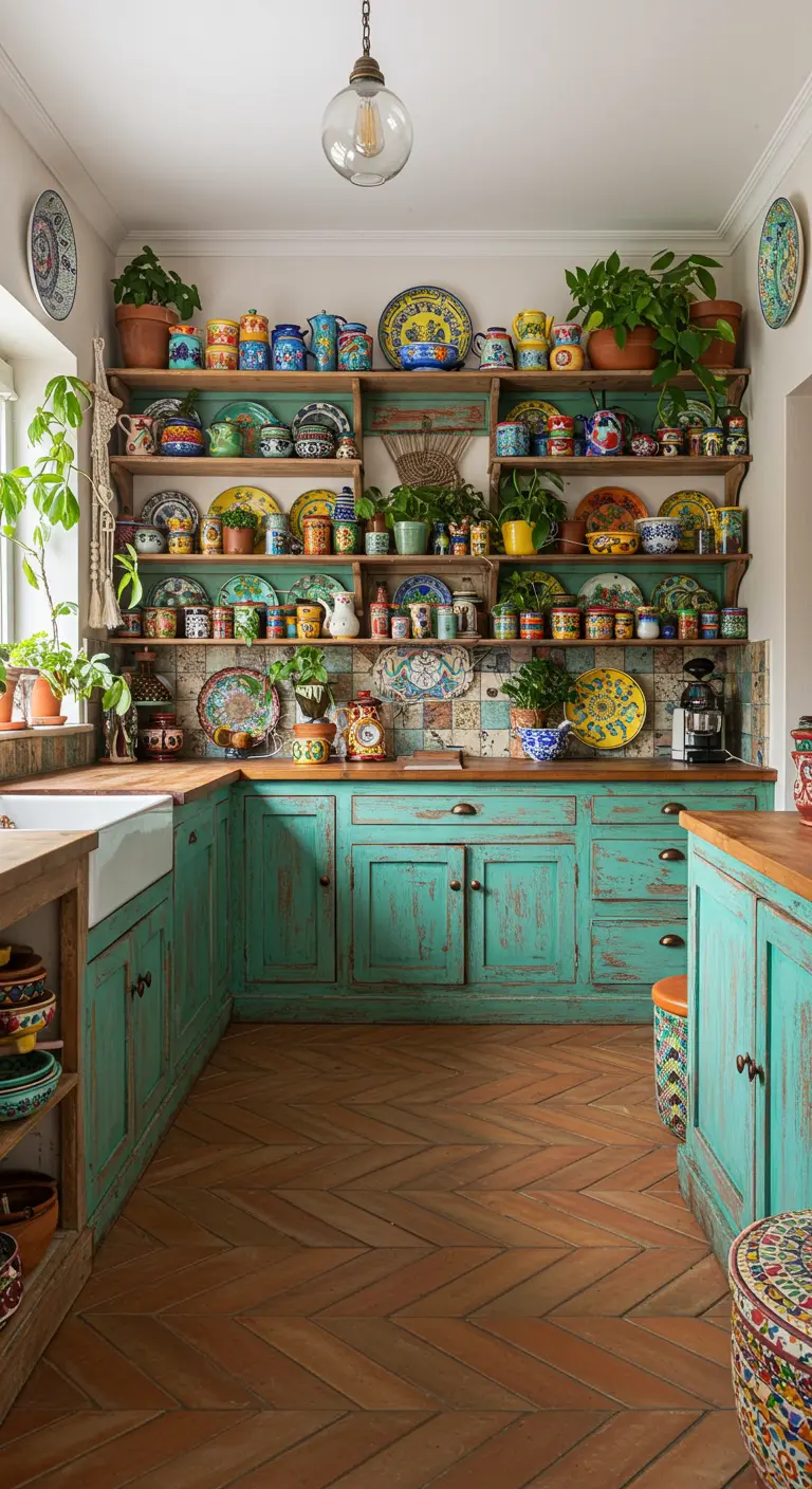 Eclectische keuken met terracotta visgraatvloer en turquoise kasten vol kleurrijk servies.