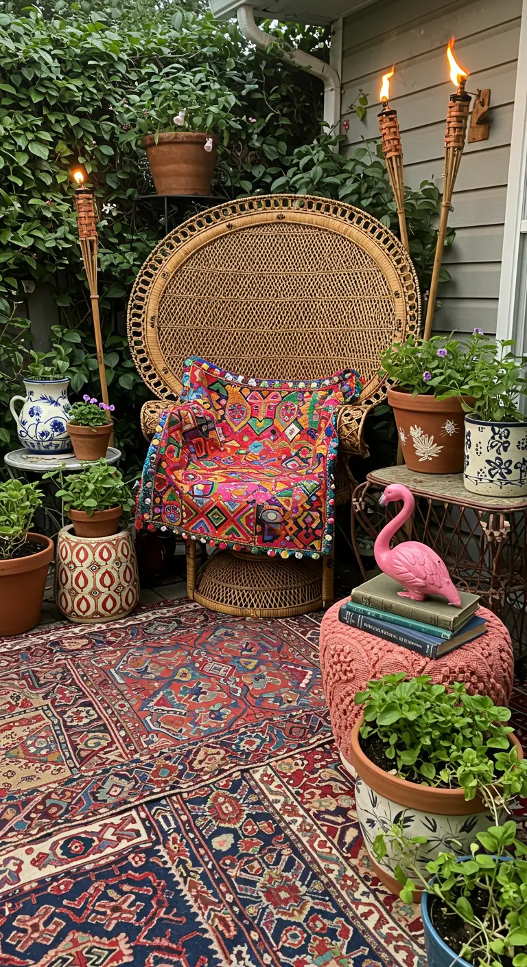 Bohemian zithoek met pauwenstoel, Perzisch tapijt, fakkels en een roze flamingo.