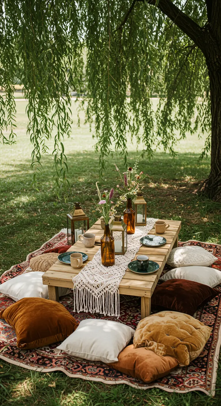 Lage houten tafel op een tapijt met kussens, lantaarns en amberkleurige flessen.