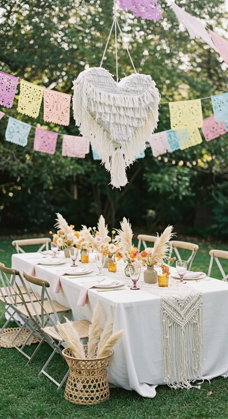 Tuintafel met witte hartvormige piñata, pastel papel picado en macramé.