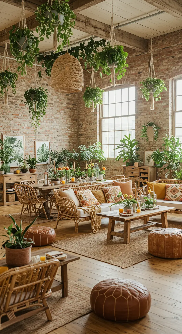Ruime loft met bakstenen muur, rotan meubels, hangplanten en groene decoratie.