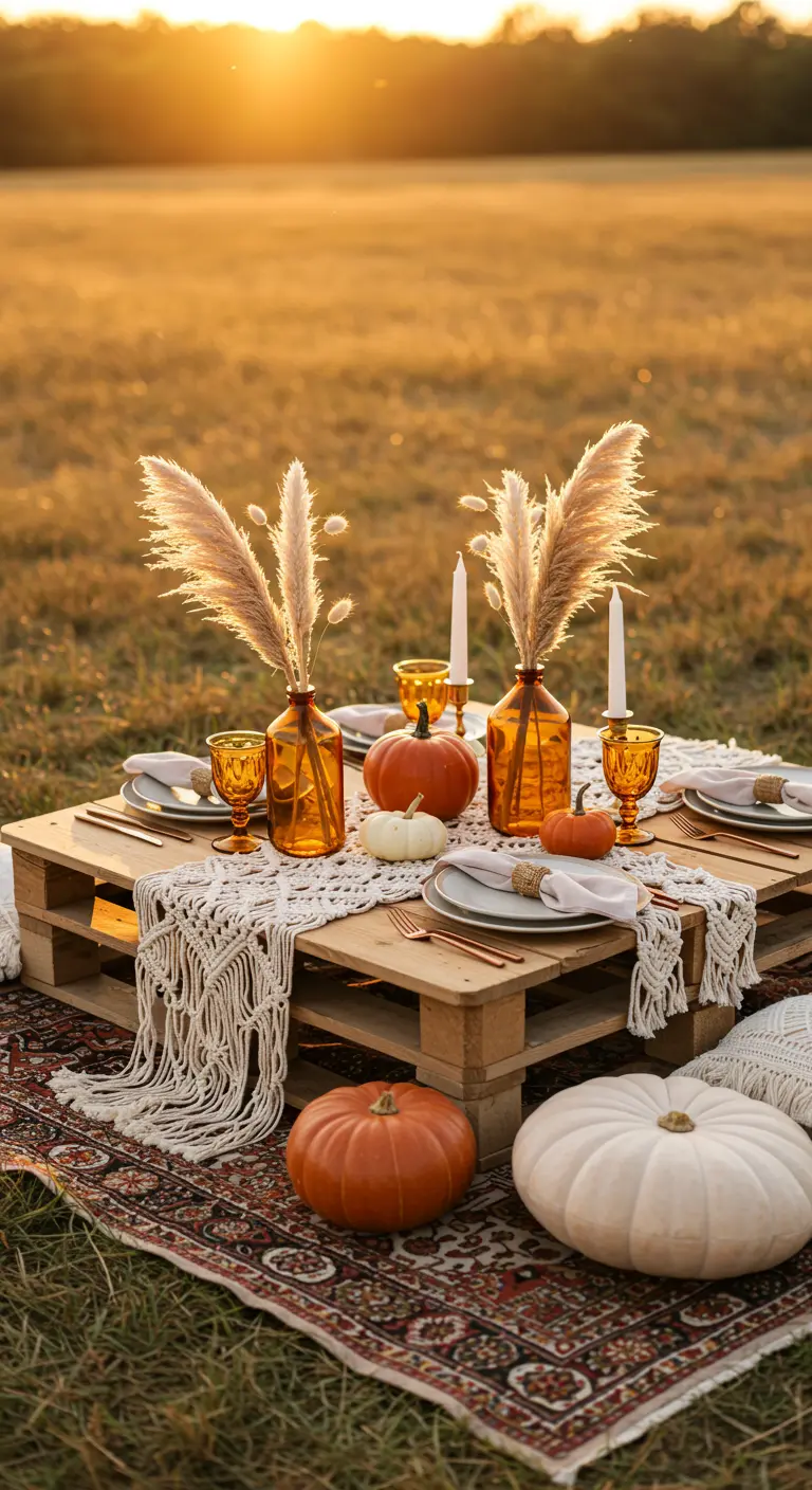 Buitenpicknick met pallet-tafel, macramé, pampasgras en pompoenen bij zonsondergang.