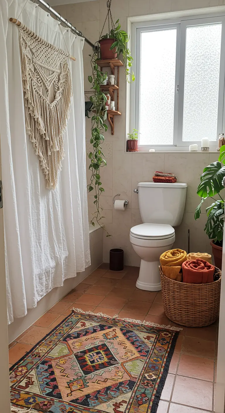 Boho badkamer met macramé over het douchegordijn, een kleurrijk tapijt en veel planten.