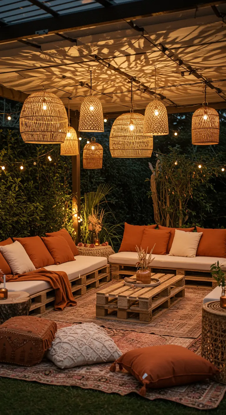 Grote rotan hanglampen boven een buiten loungehoek van pallets met kussens en vloerkleden.