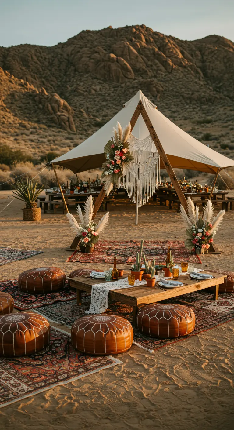 Bohemian bruiloftssetting in de woestijn met een tent, tapijten, poefs en pampasgras.