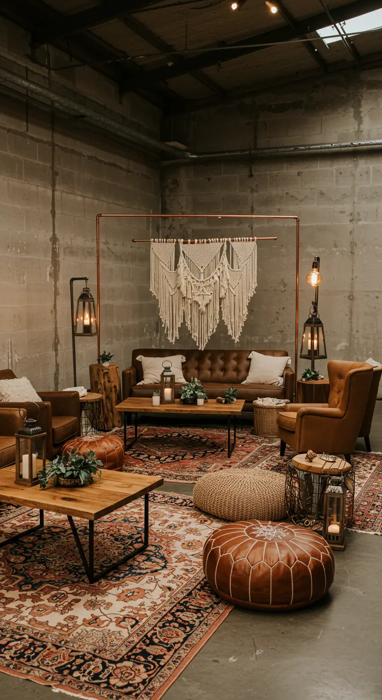 Bohemian loungehoek in een industriële ruimte met leren bank, macramé wandkleed en Perzische tapijten.