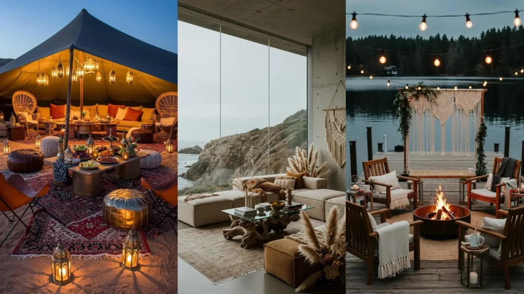 Bohemian luxe party styling: sfeervolle buitenruimtes met lantaarns, vuurkorf en nonchalante, dromerige details.