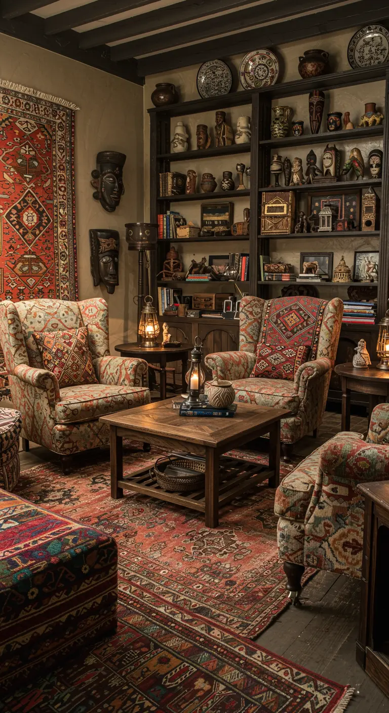 Bohemian woonkamer met meerdere rode vintage tapijten, gevulde boekenkast en patroonstoelen.
