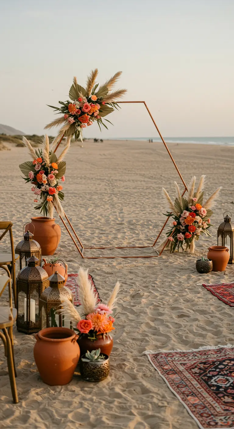 Zeshoekige koperen trouwboog op het strand, versierd met pampasgras en oranje bloemen.