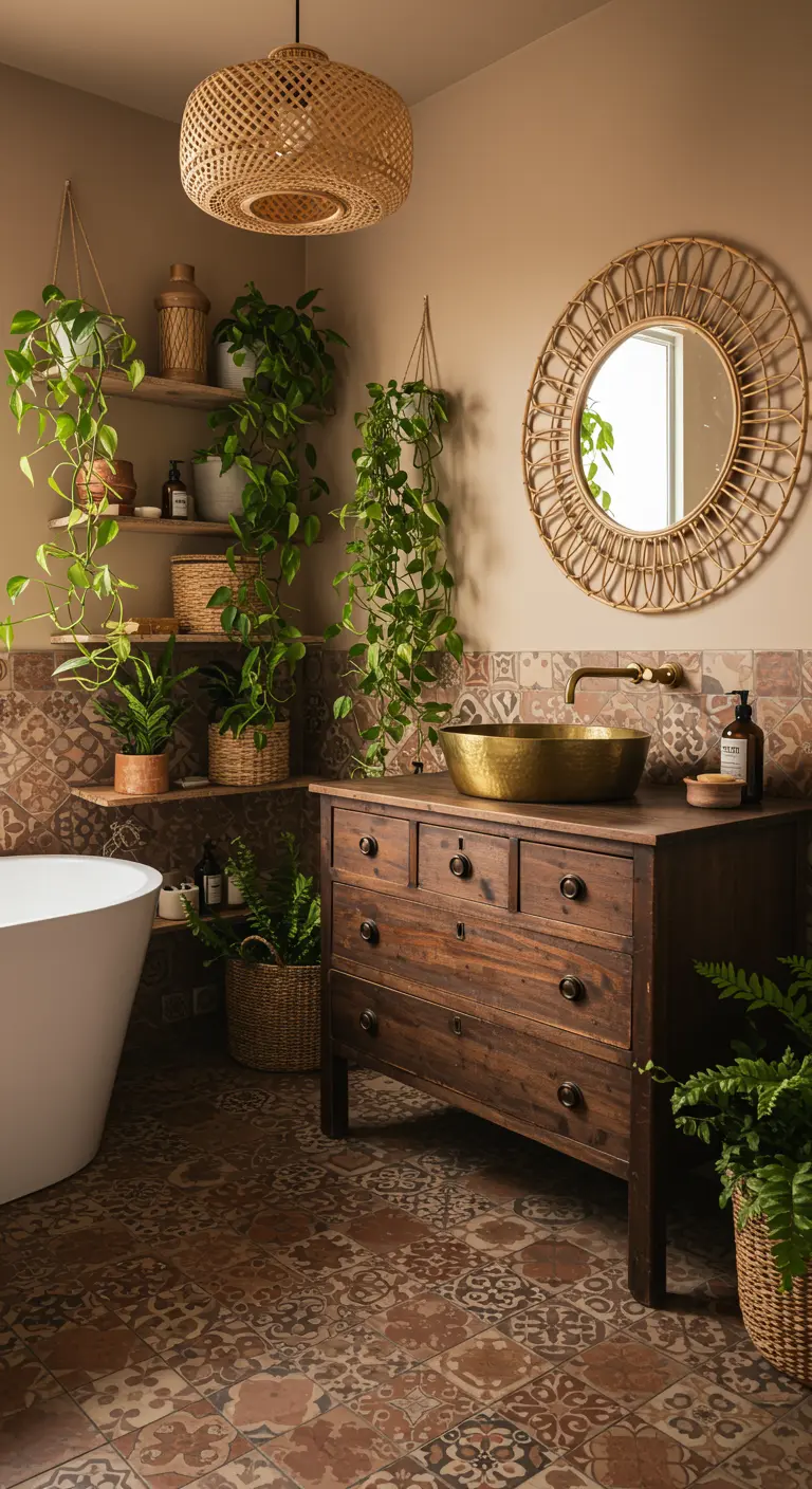 Bohemian badkamer met patroontegels, een vintage houten dressoir als wastafelmeubel en veel planten.