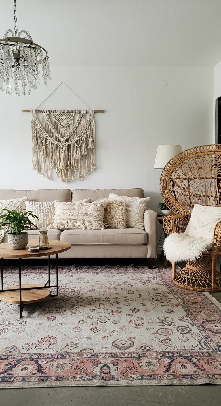 Bohemian woonkamer met beige bank, macramé wandhanger en een rotan pauwenstoel.