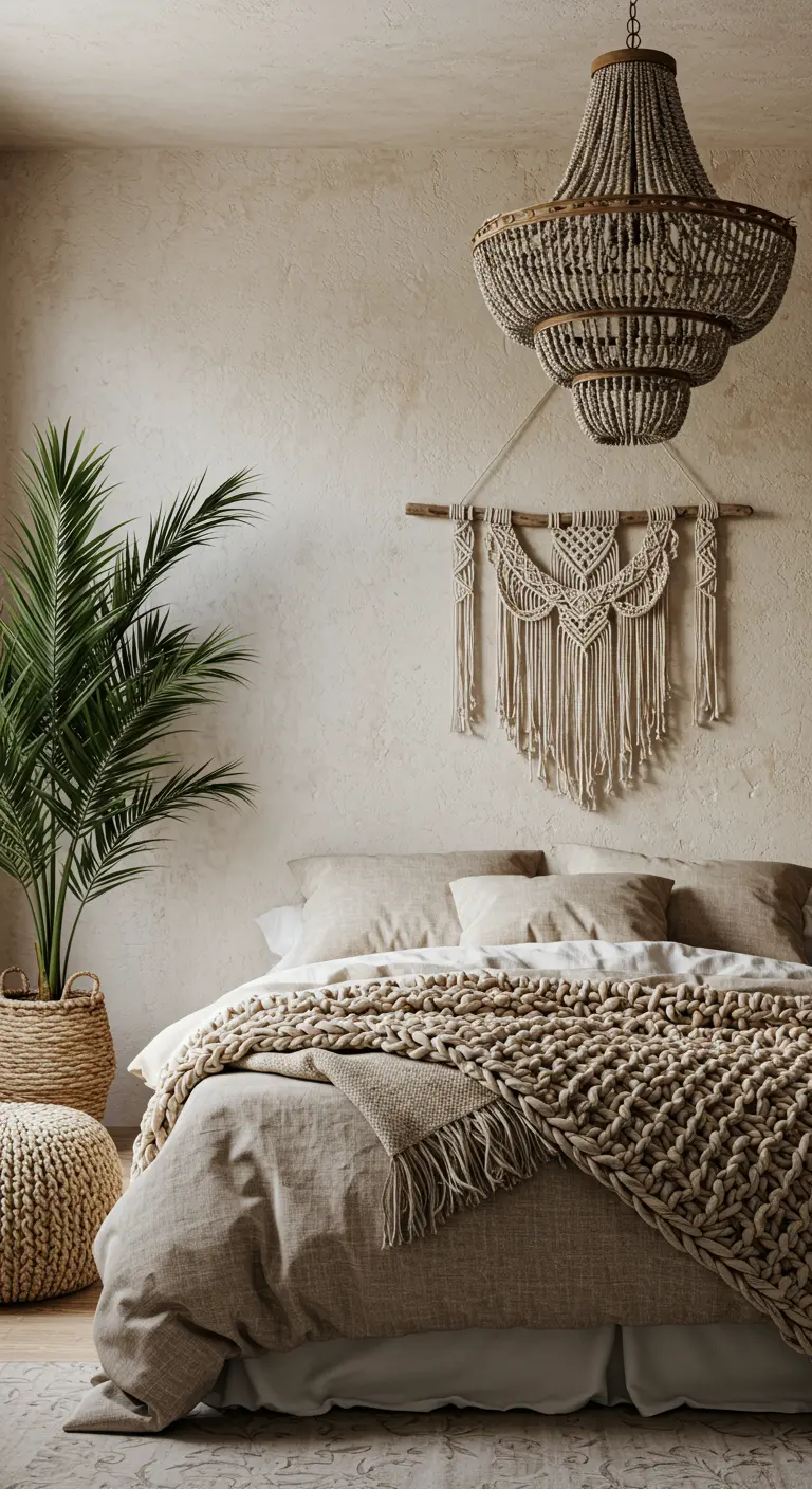 Bohemian slaapkamer met een grote kroonluchter van houten kralen en veel natuurlijke texturen.