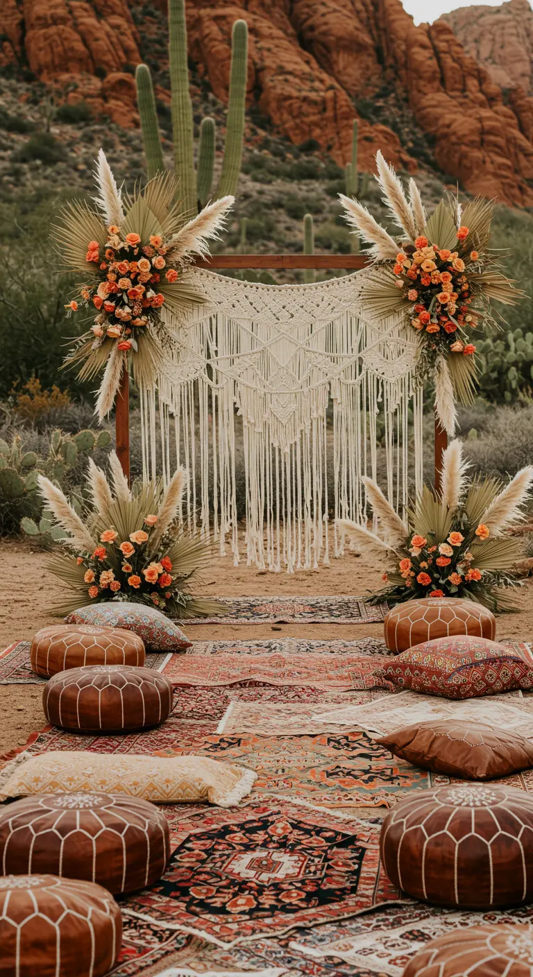 Bohemian ceremonieplek met macramé backdrop, pampasgras, tapijten en leren poefs op de grond.