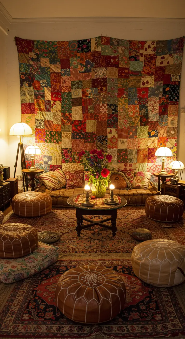Kleurrijke patchwork quilt als wanddecoratie in een bohemian zithoek.