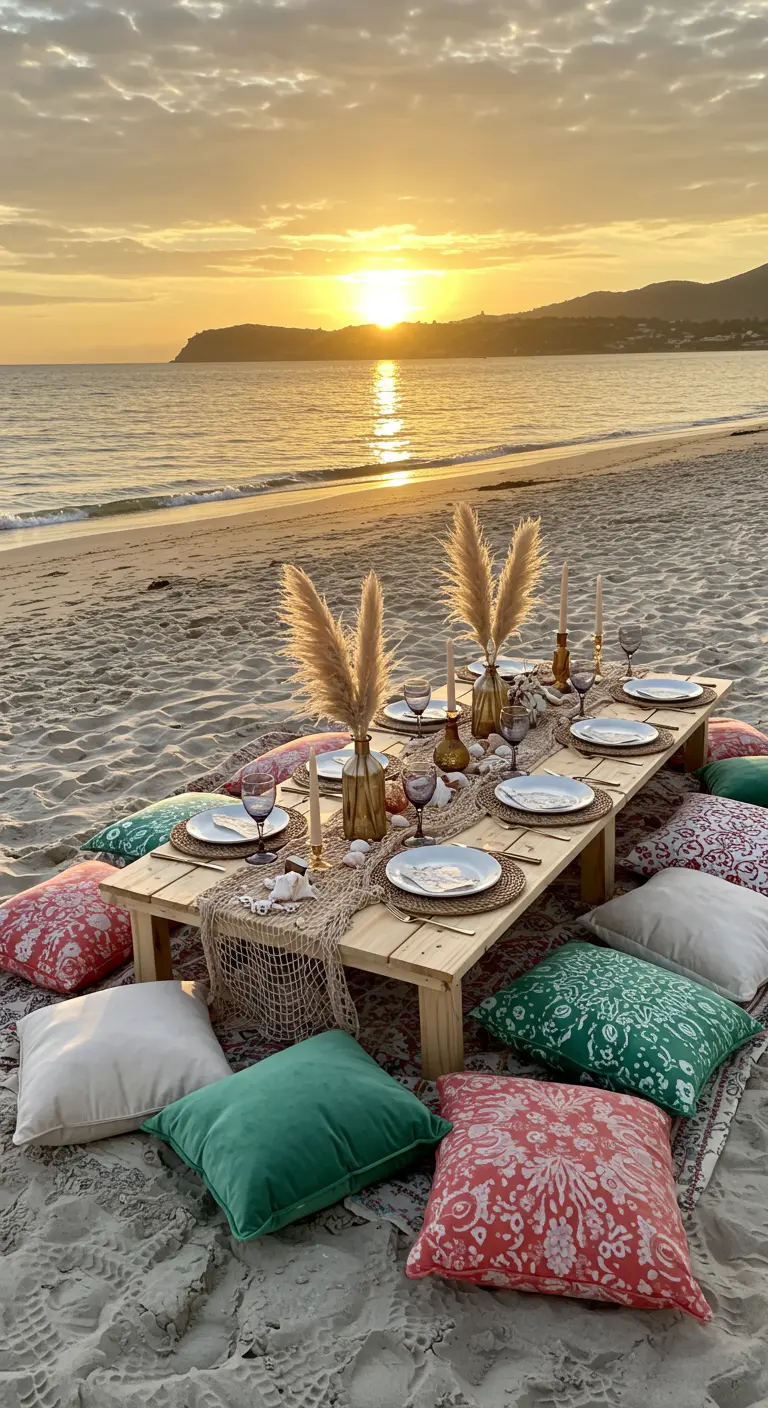 Lage houten picknicktafel op het strand met kussens in koraal- en groentinten bij zonsondergang.