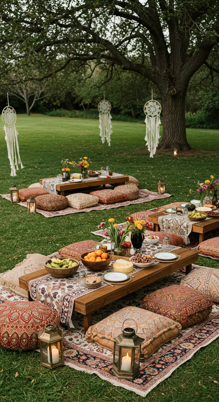 Bohemian picknick in een tuin met lage tafels, kussens, tapijten en dromenvangers in een boom.