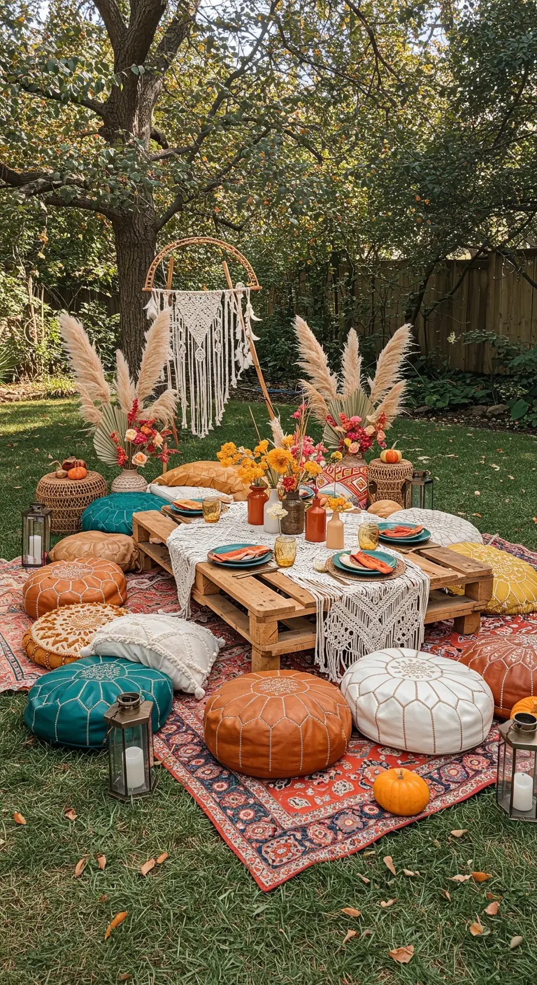 Boho picknick in de tuin met pallets, kussens, pampasgras en pompoenen.