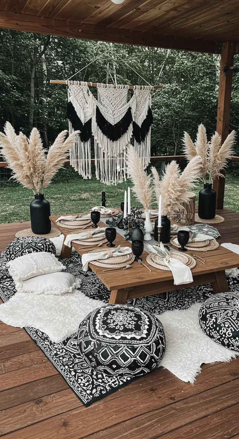 Bohemian zwart-witte picknicksetting op een houten vlonder met kussens en pampasgras.