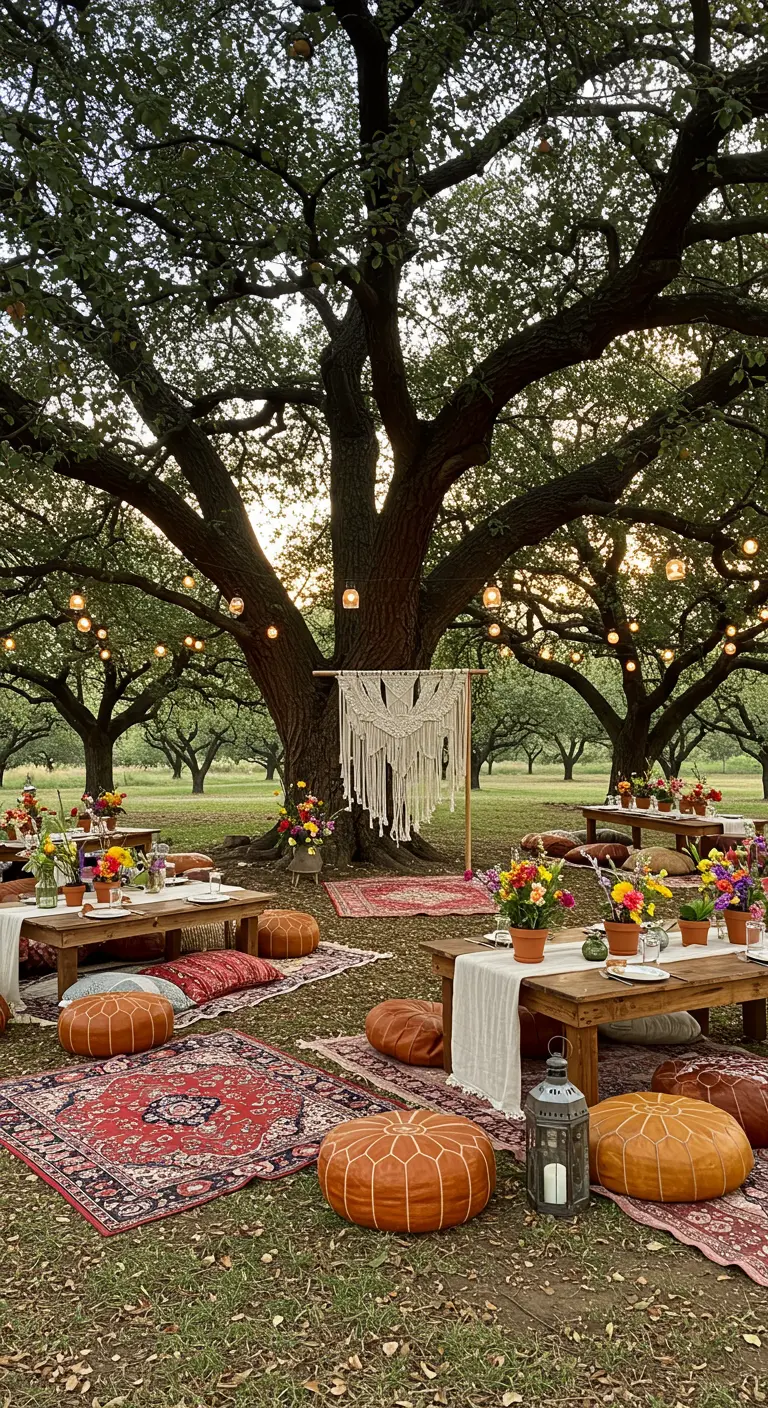 Bohemian picknick bruiloft onder grote bomen met lage tafels, kussens en macrame decor.
