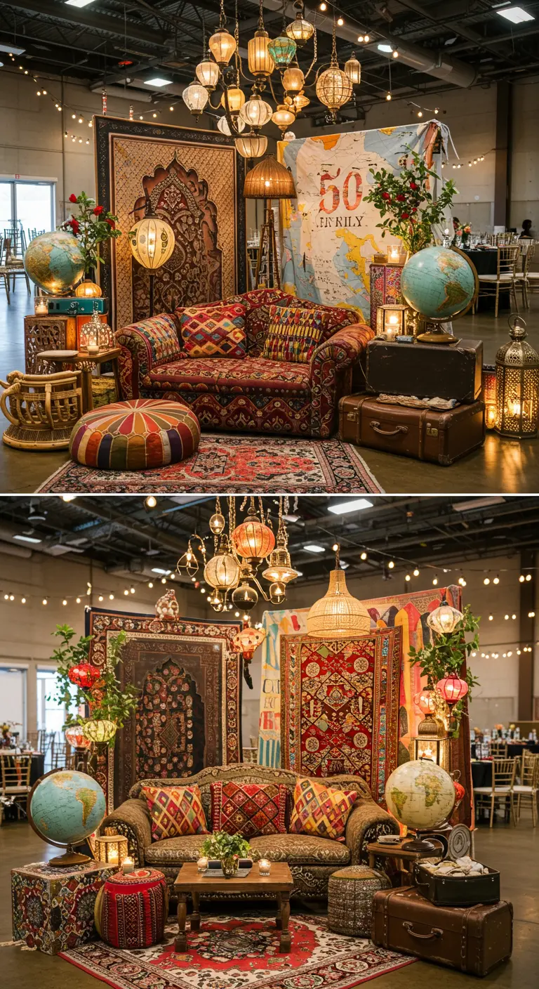 Bohemian loungehoek met tapijten, kussens, globes, koffers en hangende lantaarns.