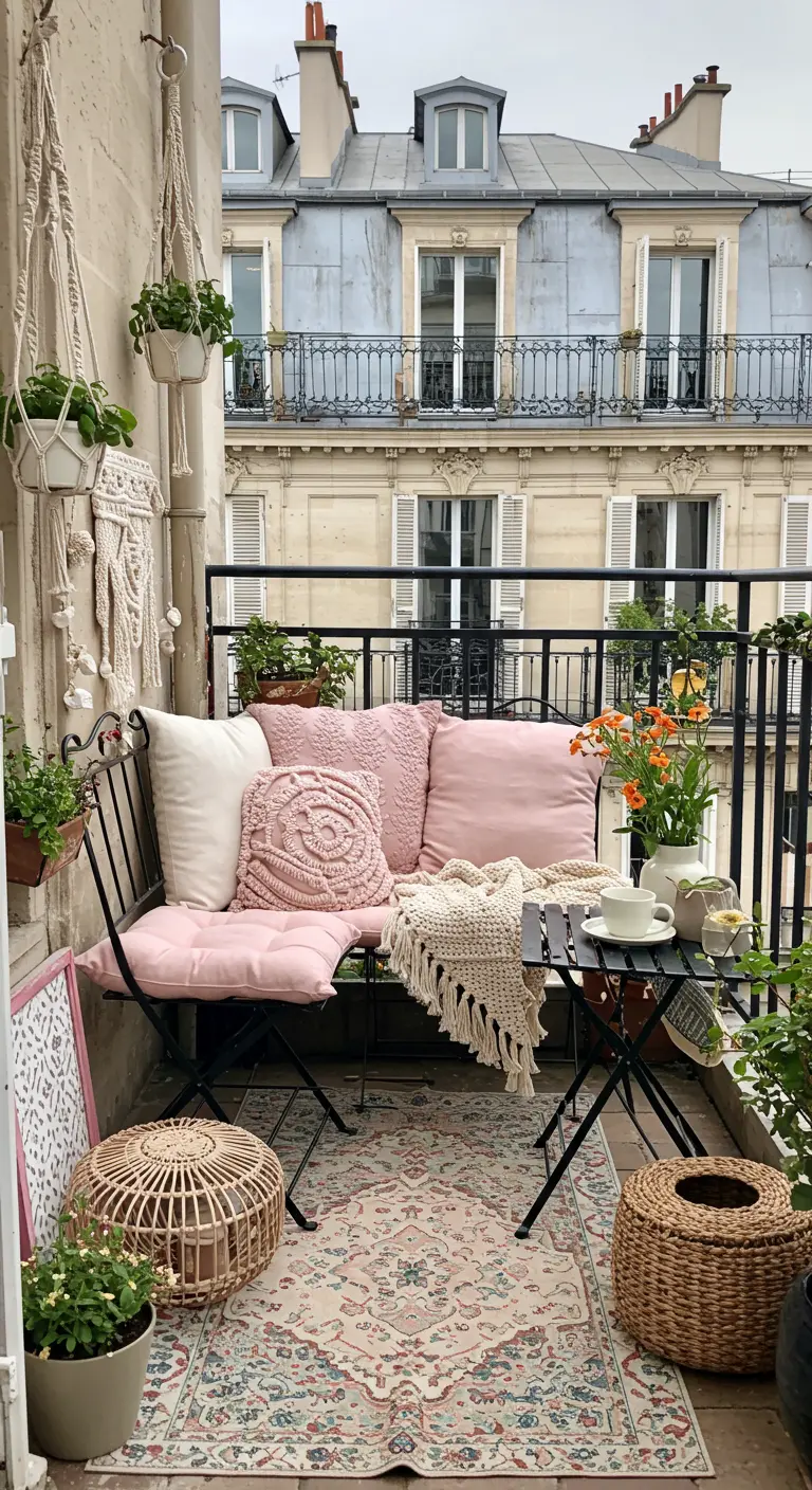 Bohemian balkon met Perzisch tapijt, rotan poefjes, macramé en roze kussens.