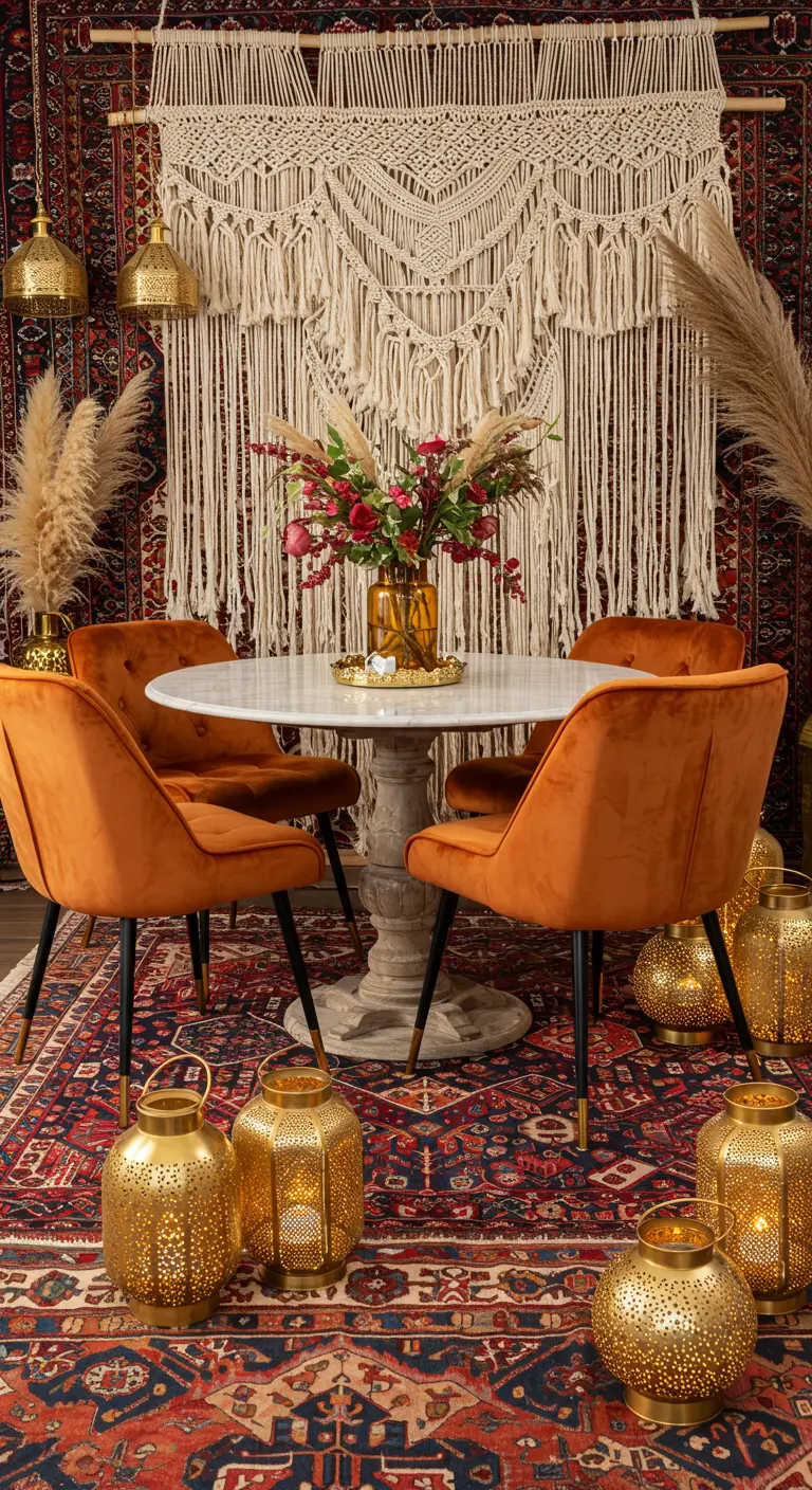 Bohemian eethoek met een Perzisch tapijt, oranje fluwelen stoelen, een macramé wandkleed en gouden lantaarns.