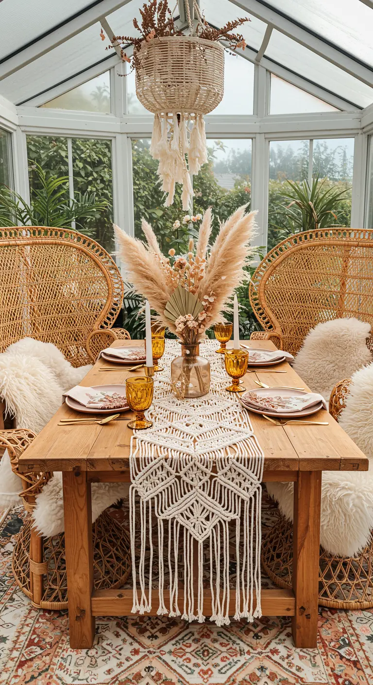 Boho-stijl tafel met macramé loper, pampasgras en rotan stoelen.
