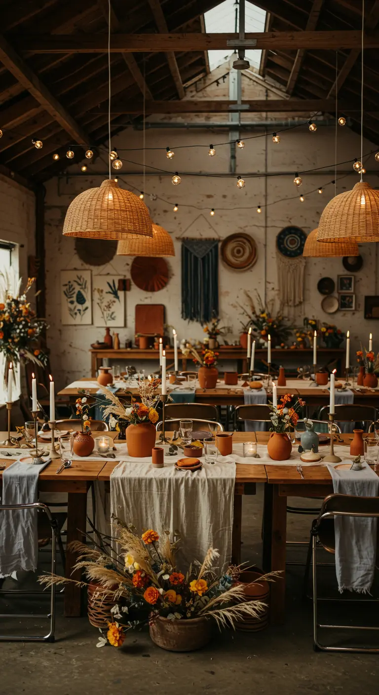 Rustieke schuur met boho decor, rotan lampen, terracotta vazen en pampasgras.
